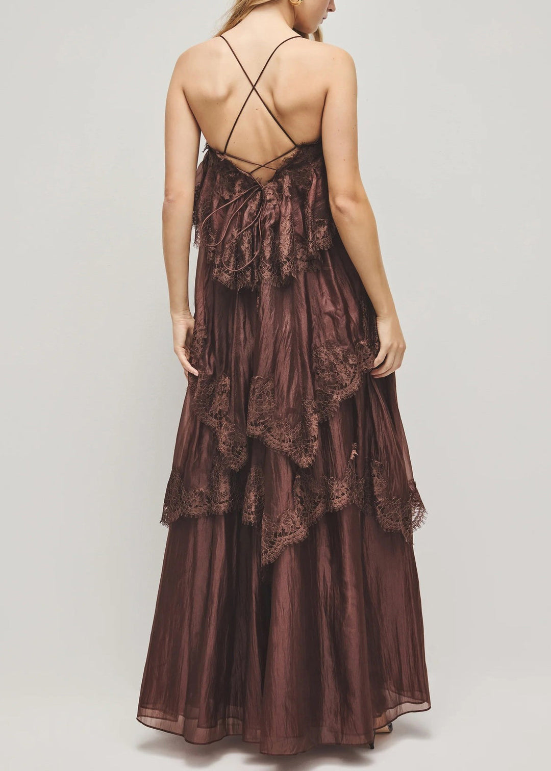 New Chocolate Sheer Ruffled Patchwork Lace Spaghetti Strap Dress Summer