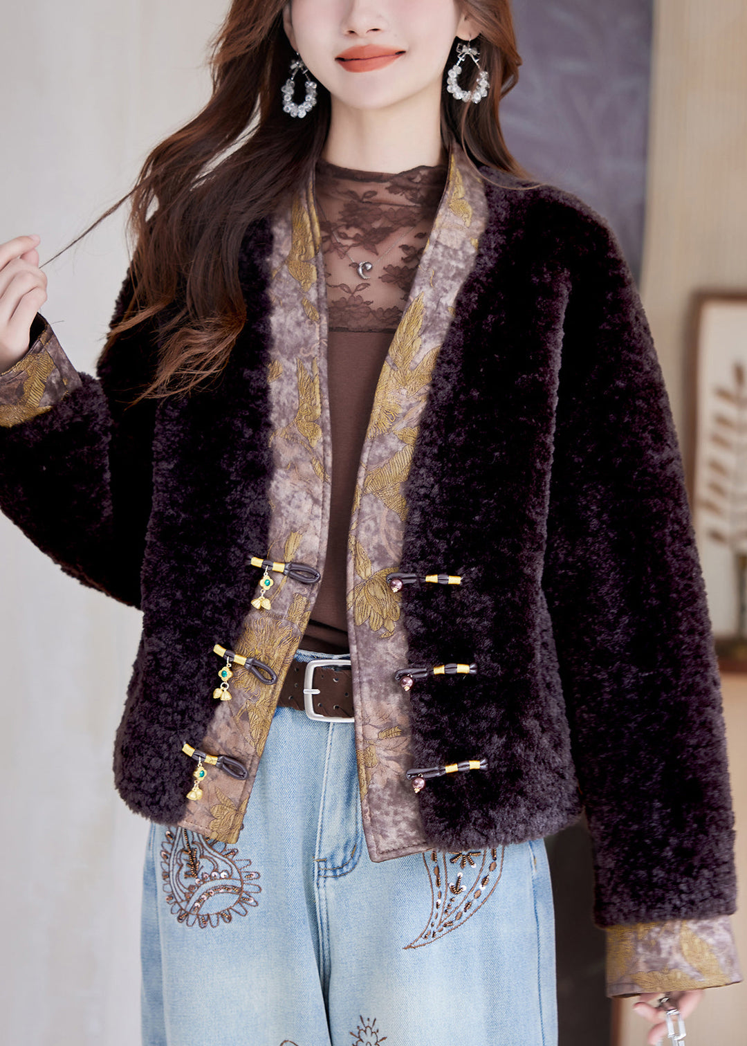 New Chocolate V Neck Chinese Button Patchwork Teddy Faux Fur Coat Winter