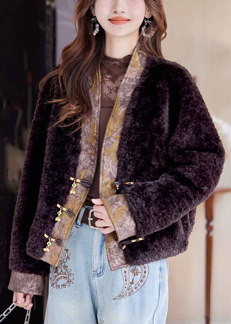 New Chocolate V Neck Chinese Button Patchwork Teddy Faux Fur Coat Winter