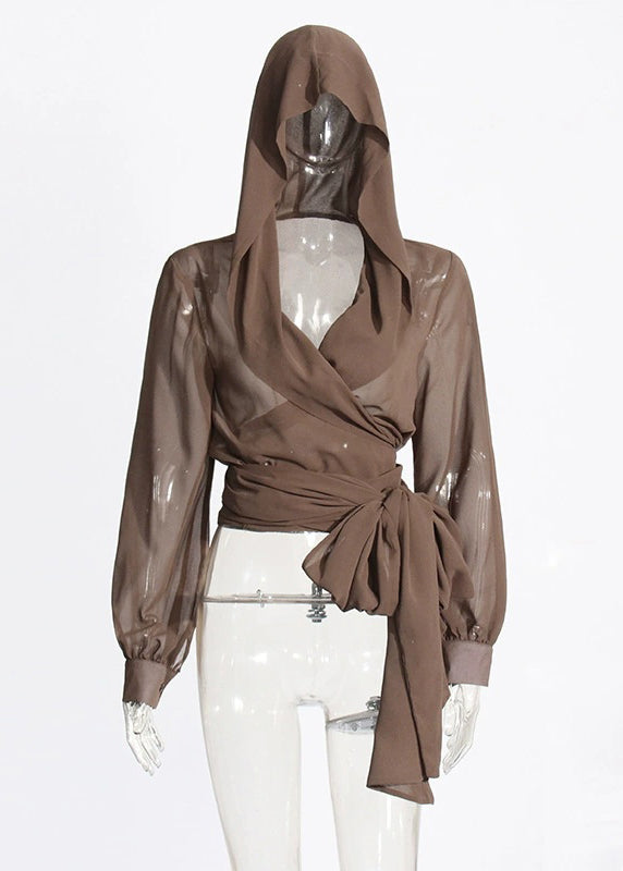New Coffee Cross Tied Bow Chiffon Hooded Shirt Top Autumn
