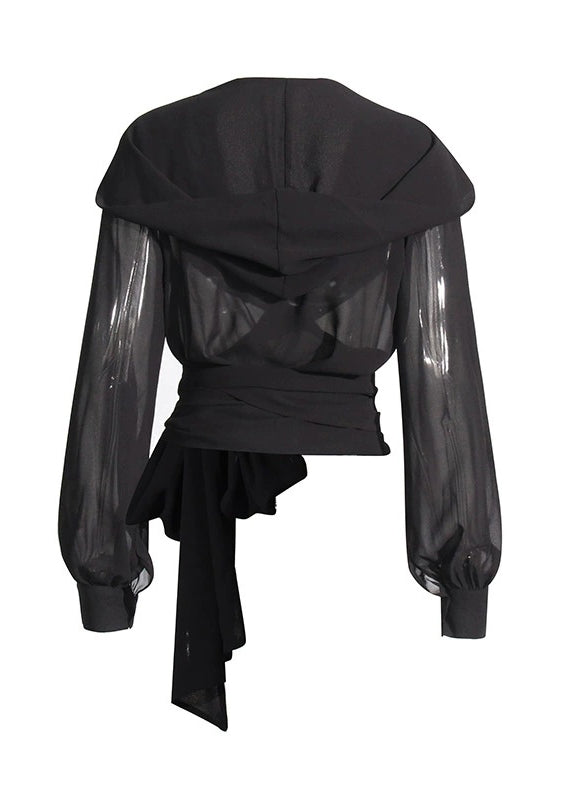 New Coffee Cross Tied Bow Chiffon Hooded Shirt Top Autumn