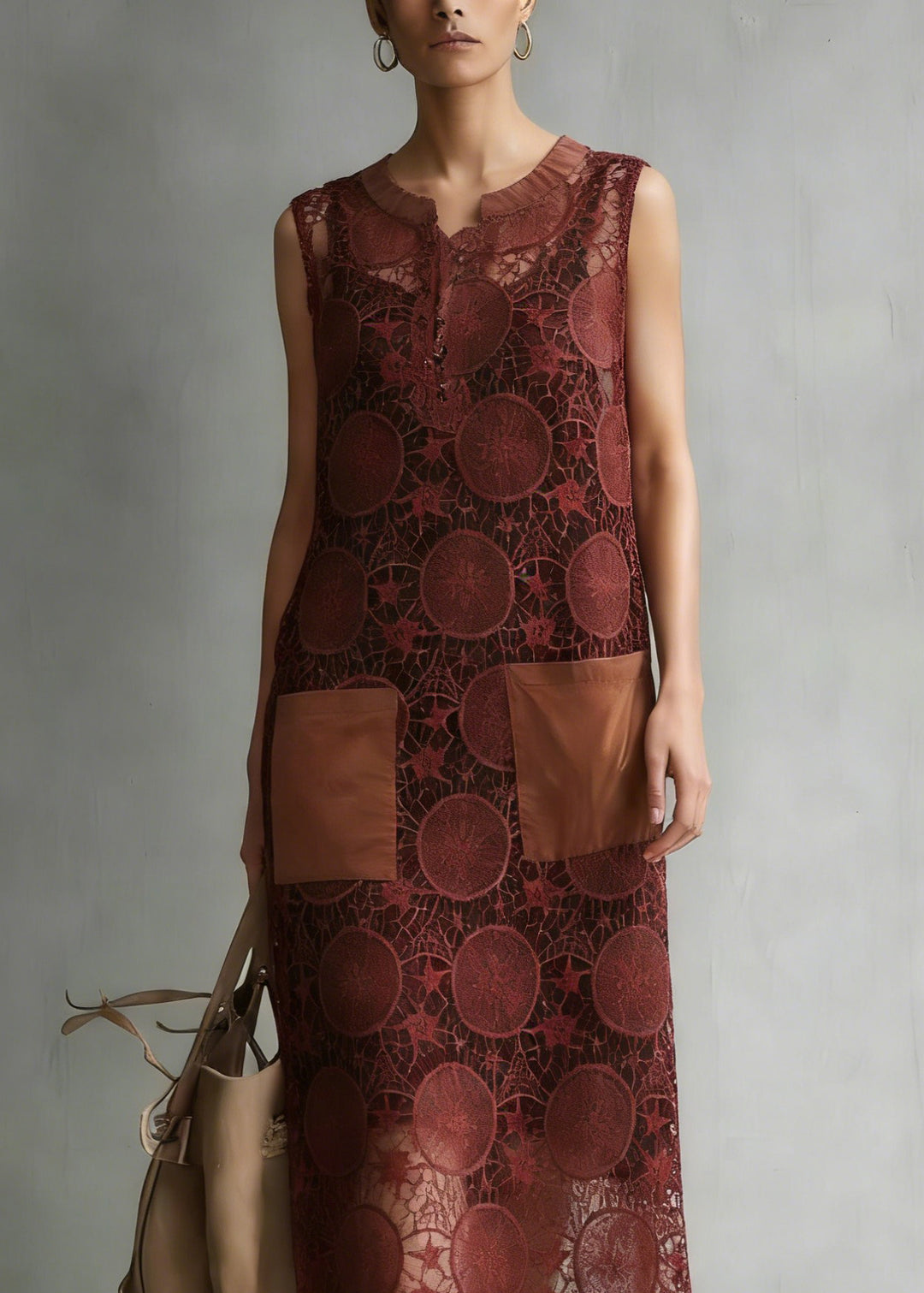 New Coffee Embroidered Hollow Out Lace Dresses Sleeveless