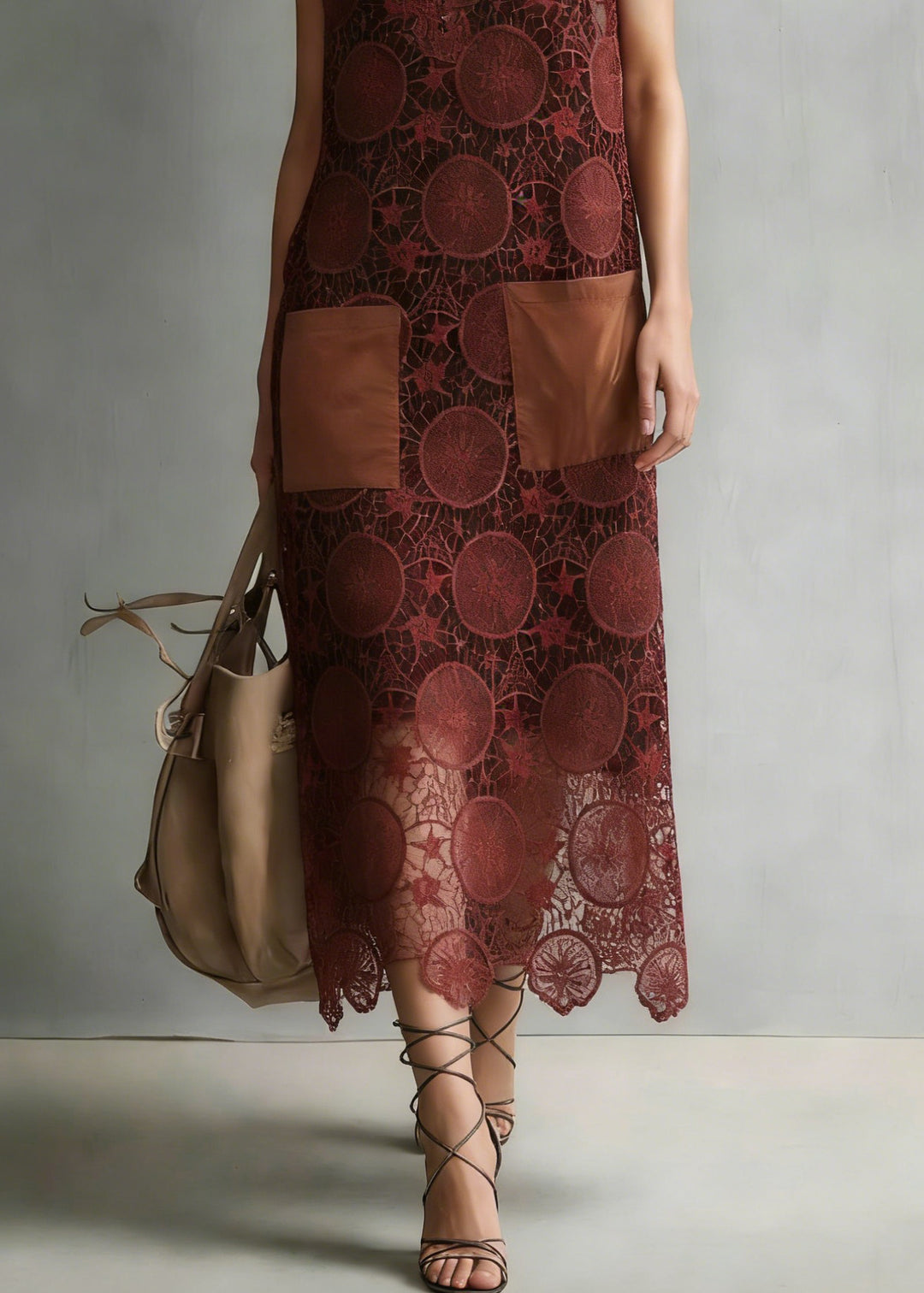 New Coffee Embroidered Hollow Out Lace Dresses Sleeveless