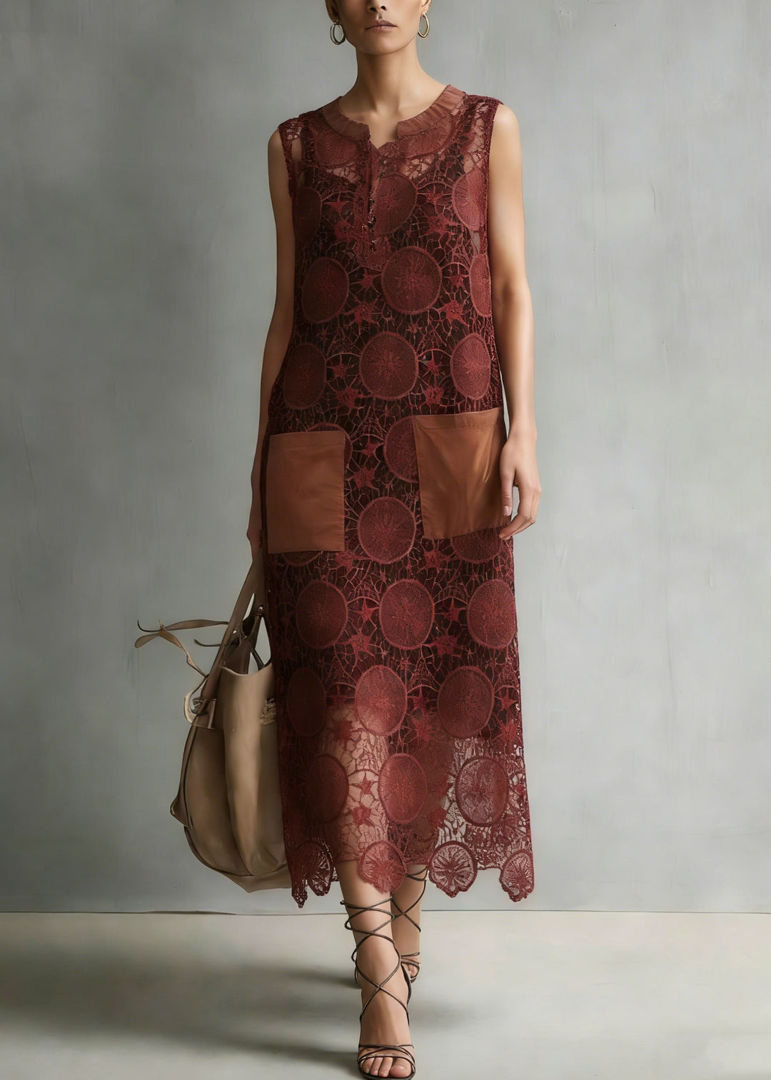 New Coffee Embroidered Hollow Out Lace Dresses Sleeveless