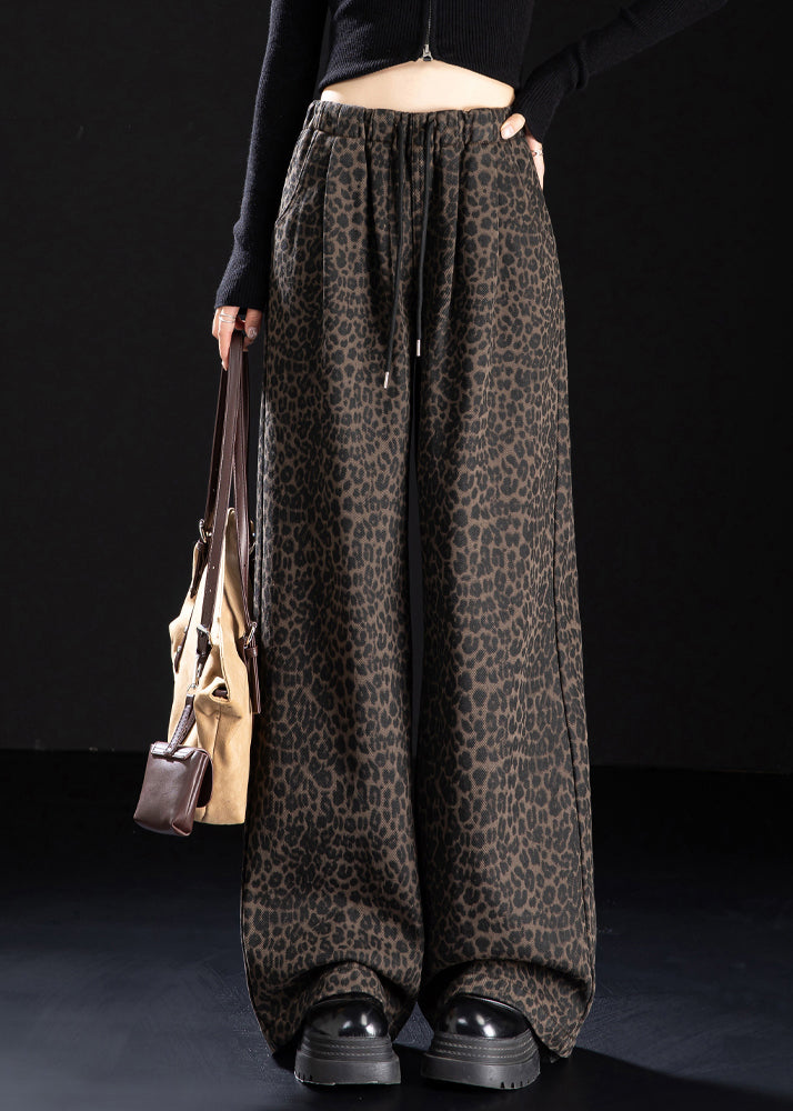 New Coffee Leopard Pockets Print Warm Fleece Denim Pants Winter