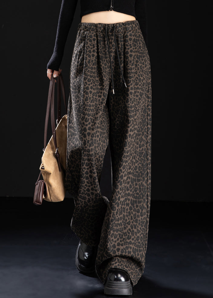 New Coffee Leopard Pockets Print Warm Fleece Denim Pants Winter