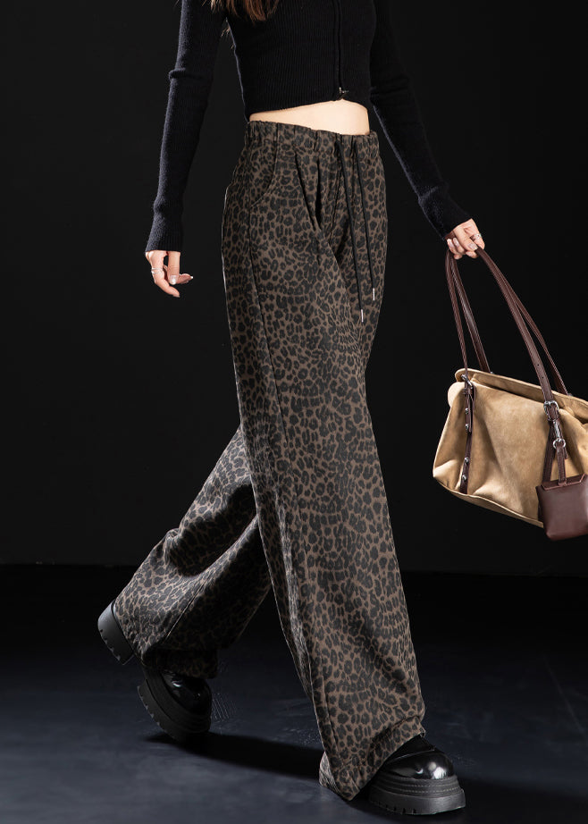 New Coffee Leopard Pockets Print Warm Fleece Denim Pants Winter