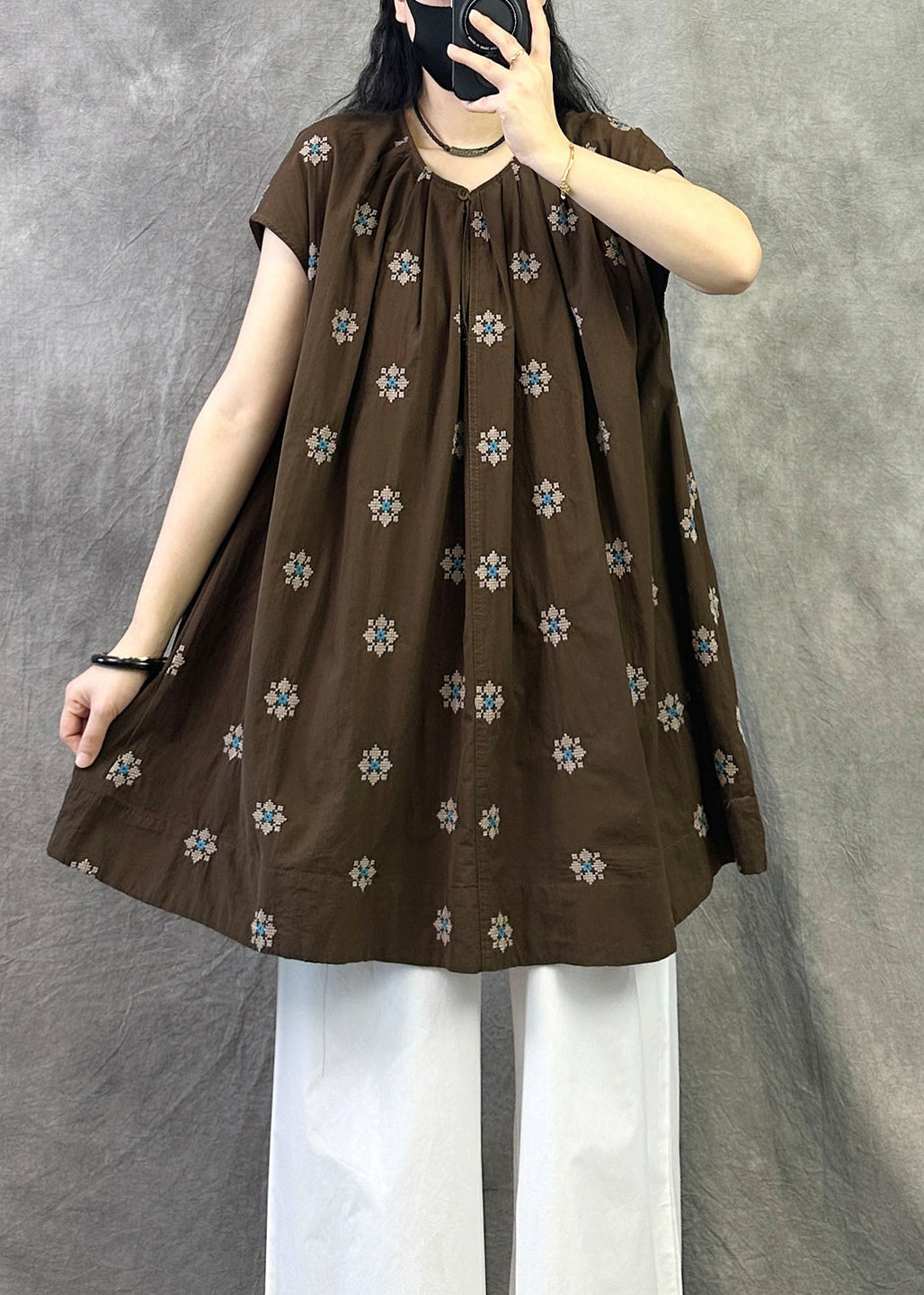 New Coffee O-Neck Embroidered Cotton Shirt Top Summer