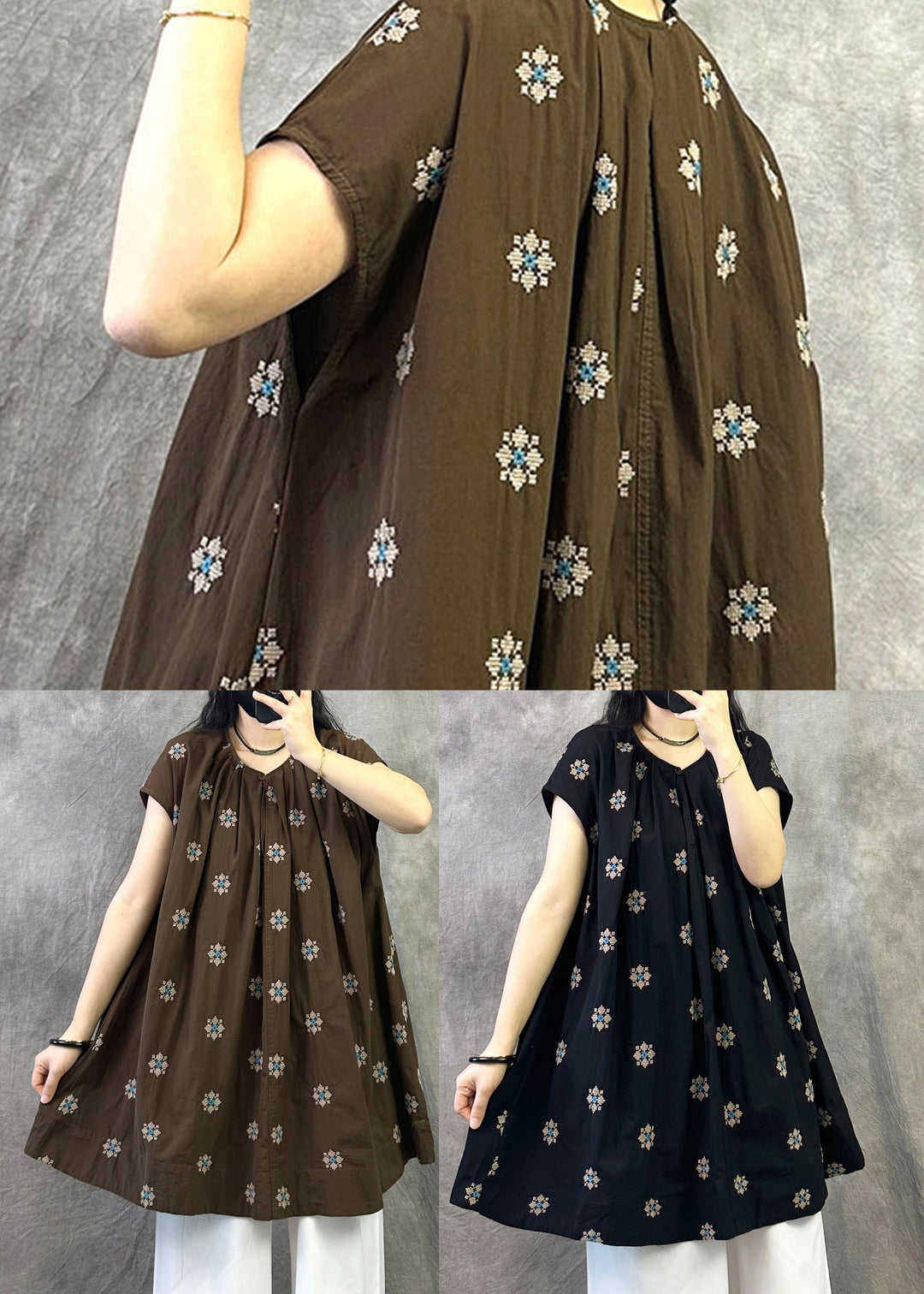 New Coffee O-Neck Embroidered Cotton Shirt Top Summer