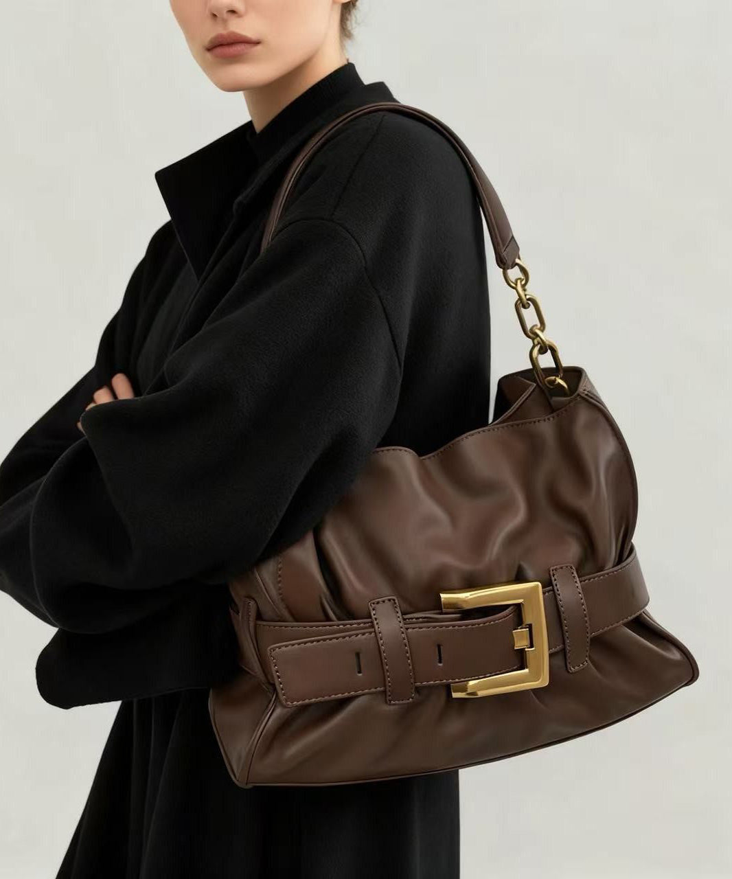 New Coffee Pleated Belt Buckle Faux Leather Shoulder Bag
