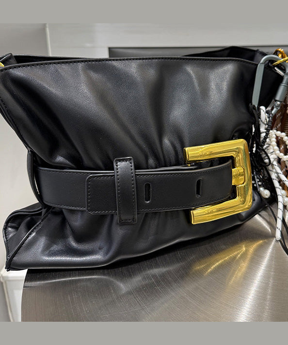 New Coffee Pleated Belt Buckle Faux Leather Shoulder Bag
