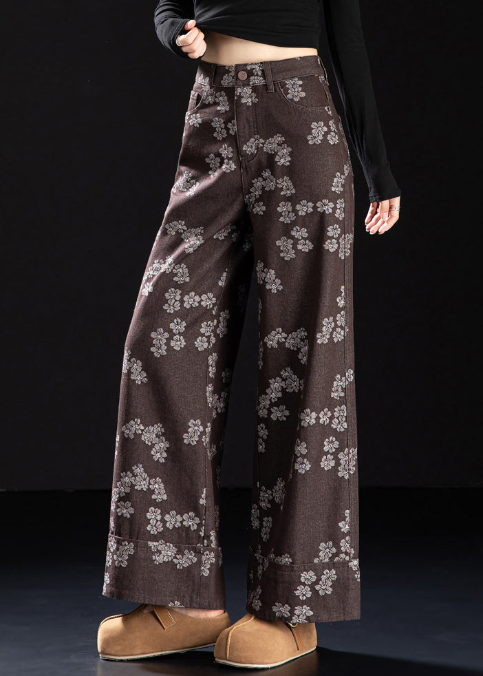 New Coffee Pockets Print Denim Straight Pants Spring
