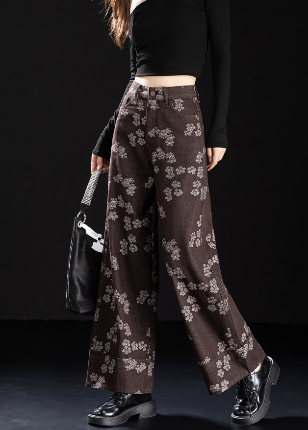 New Coffee Pockets Print Denim Straight Pants Spring