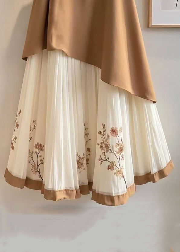 New Coffee Print Wrinkled Patchwork Cotton Skirts Summer
