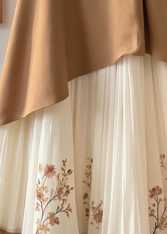 New Coffee Print Wrinkled Patchwork Cotton Skirts Summer
