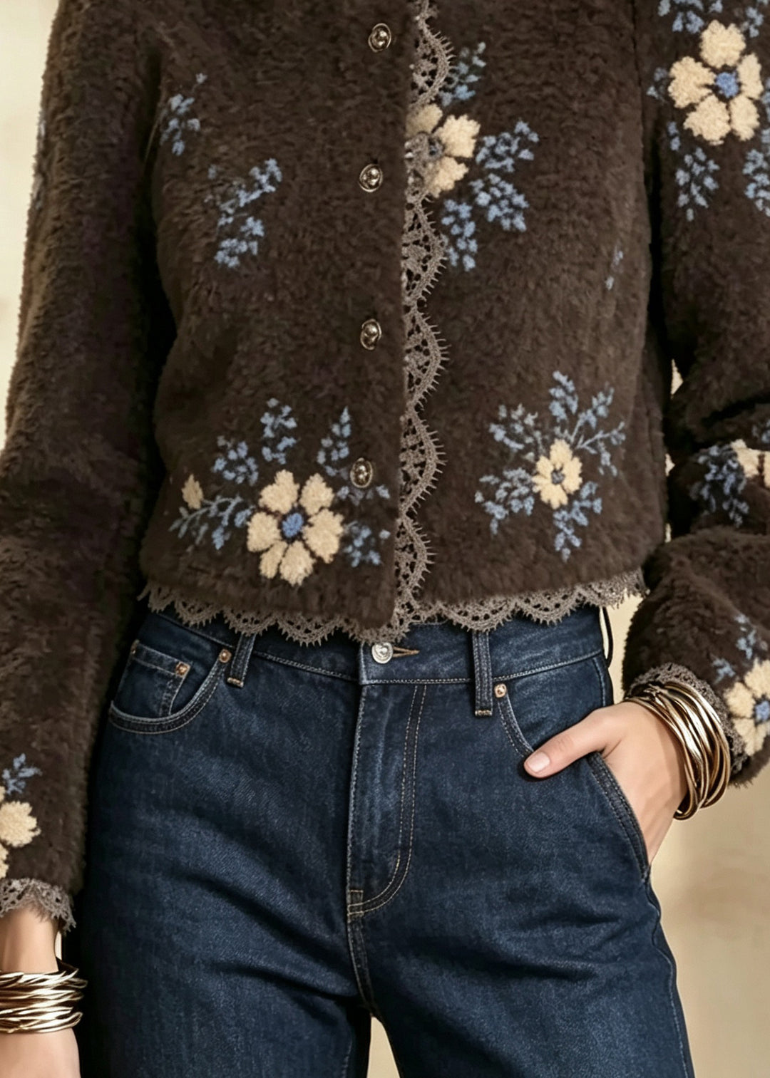 New Coffee Square Collar Jacquard Lace Patchwork Woolen Jackets Fall