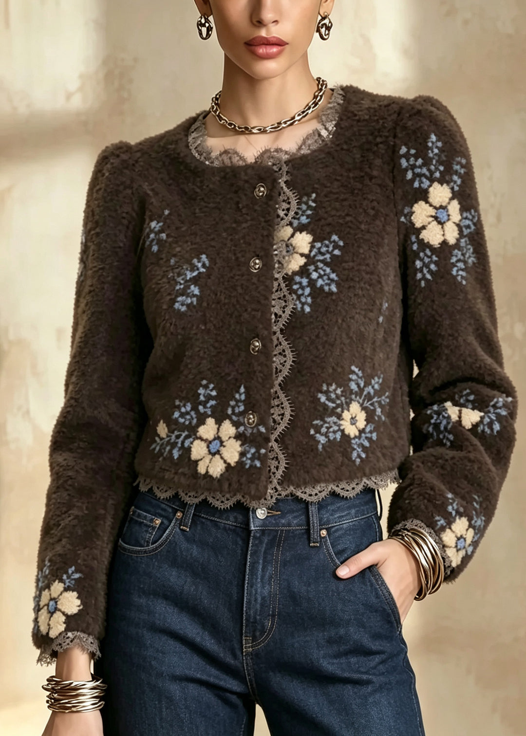 New Coffee Square Collar Jacquard Lace Patchwork Woolen Jackets Fall