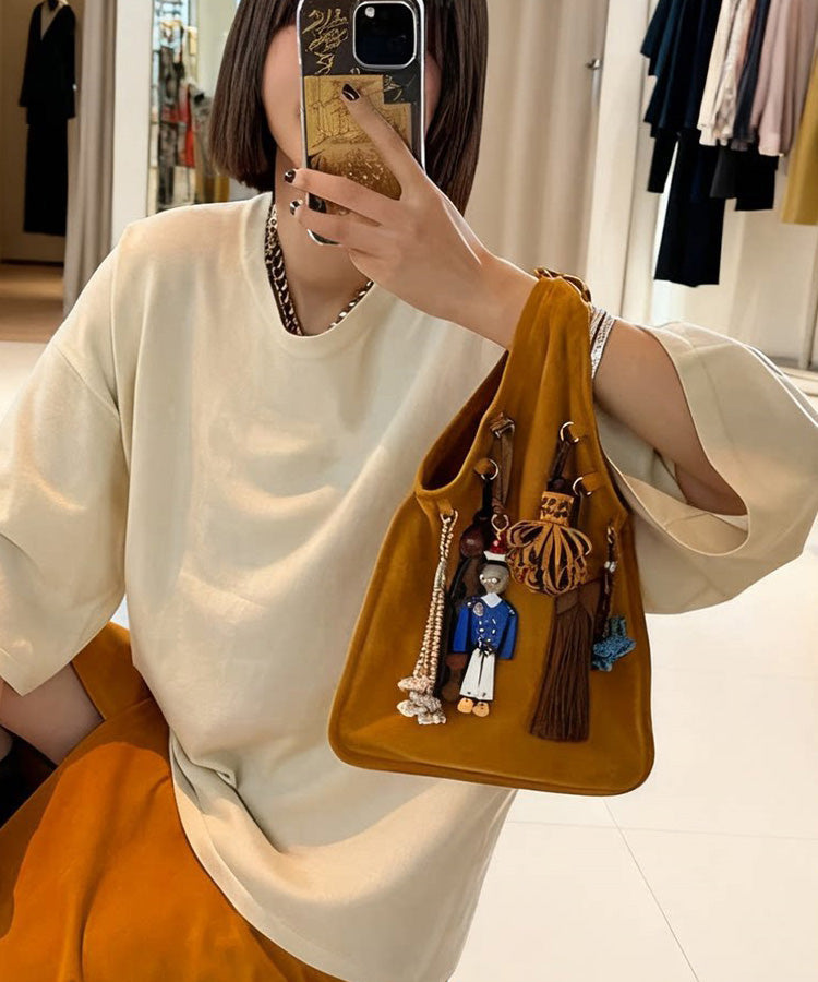 New Coffee Suede Hanging Robot Decorated Tote Handbag