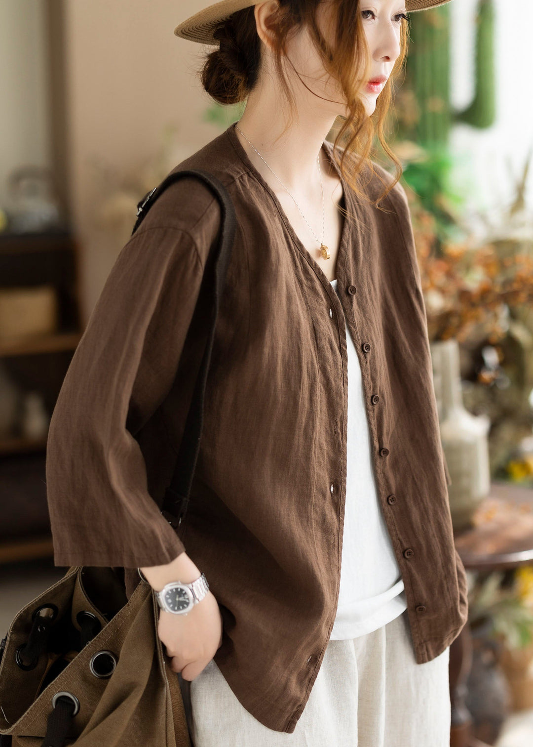 New Coffee V Neck Button Linen Cardigan Bracelet Sleeve