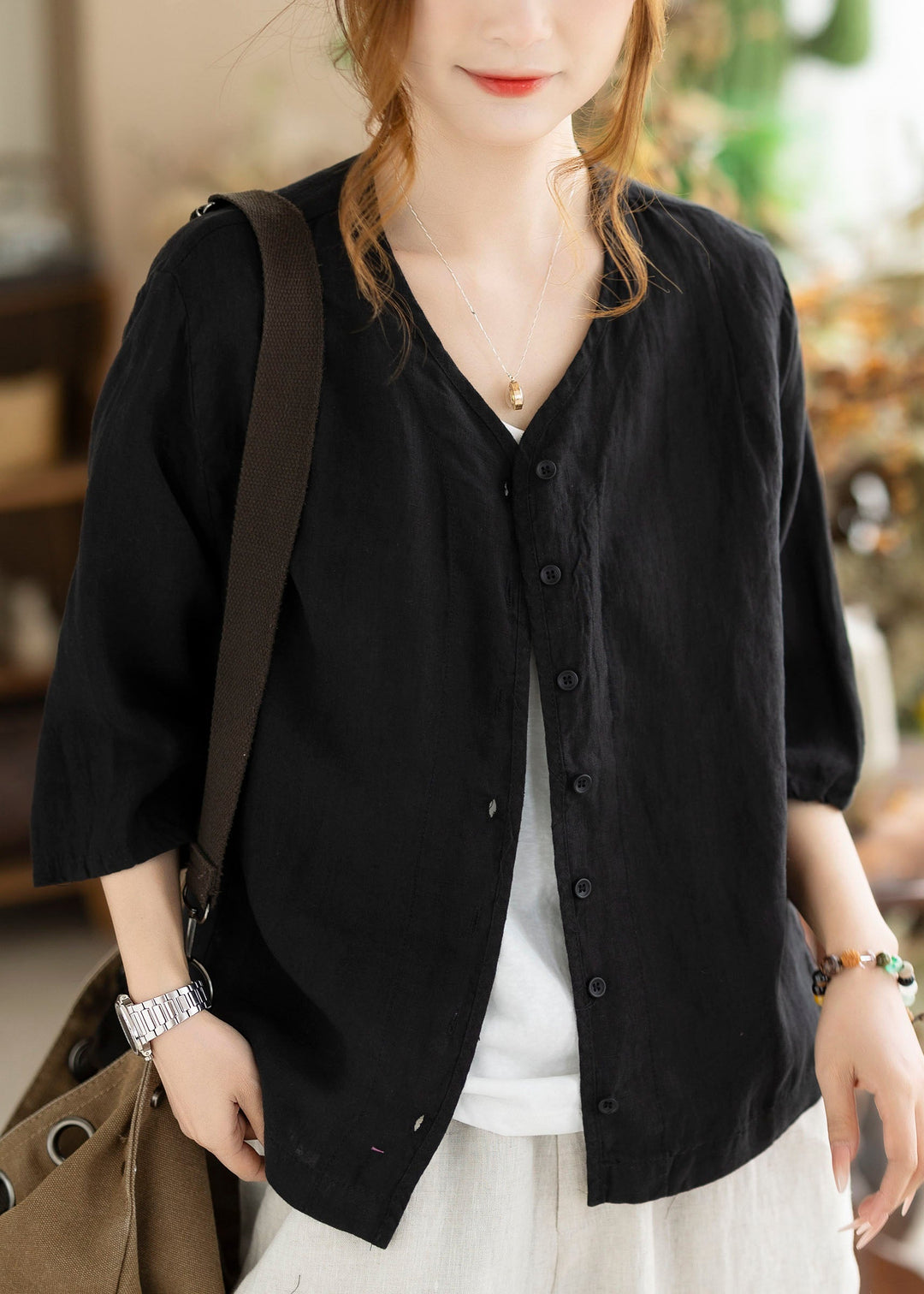 New Coffee V Neck Button Linen Cardigan Bracelet Sleeve