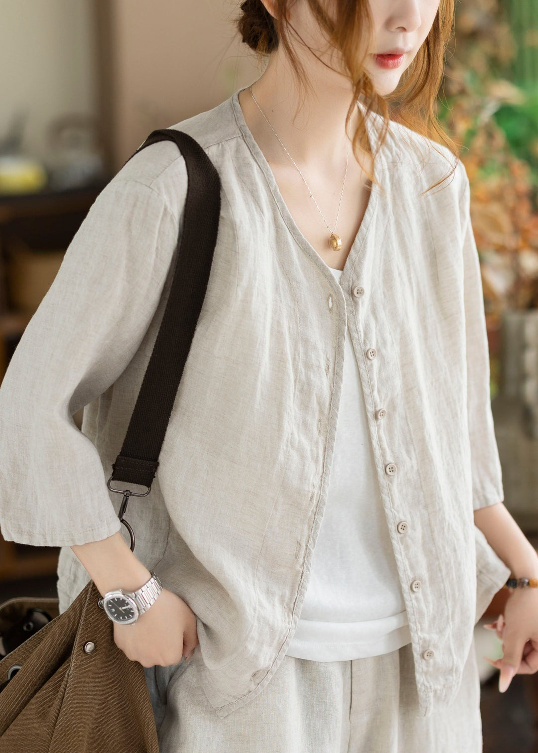 New Coffee V Neck Button Linen Cardigan Bracelet Sleeve