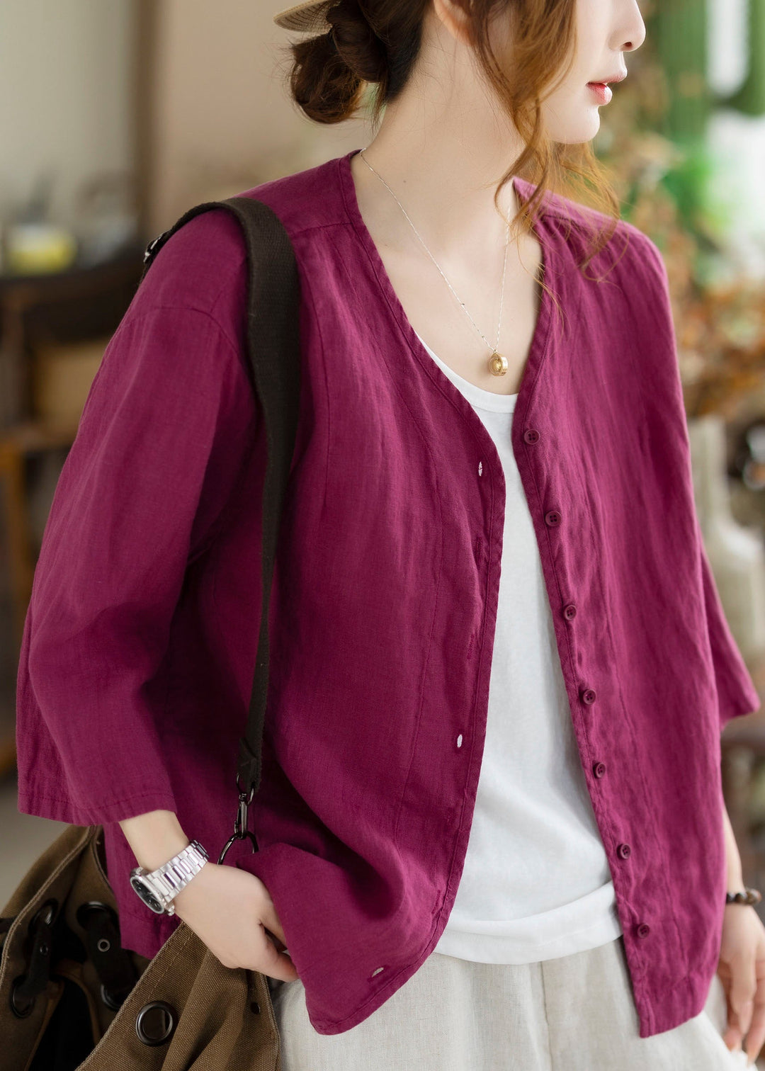 New Coffee V Neck Button Linen Cardigan Bracelet Sleeve