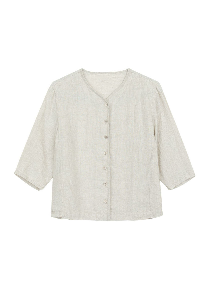 New Coffee V Neck Button Linen Cardigan Bracelet Sleeve