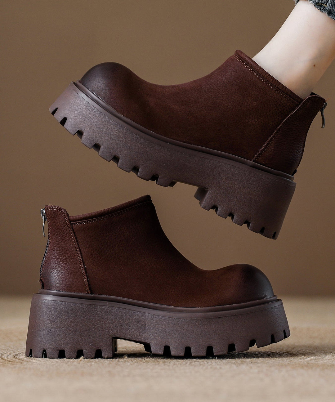 New Coffee Zippered Splicing Platform Ankle Boots