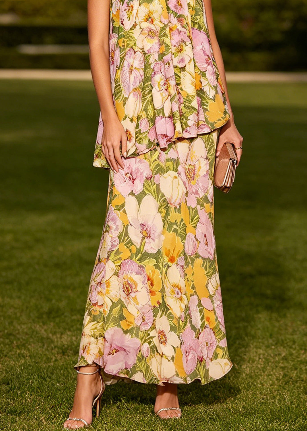 New Cold Shoulder Print Wrinkled Chiffon Maxi Dresses Sleeveless
