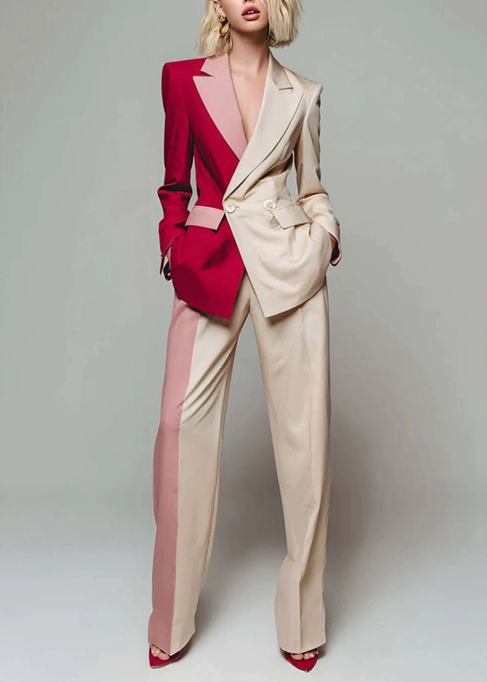 New Color Blocked Long Sleeved Suit Coat And Wide Leg Pants Set