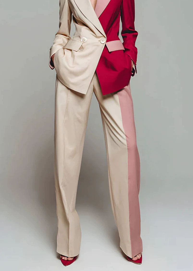 New Color Blocked Long Sleeved Suit Coat And Wide Leg Pants Set