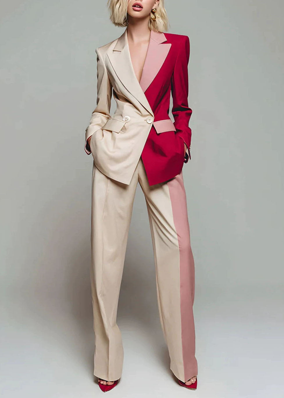 New Color Blocked Long Sleeved Suit Coat And Wide Leg Pants Set