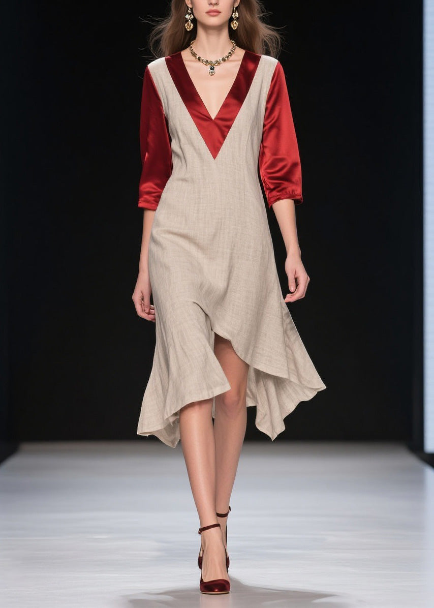 New Colorblock Asymmetrical Design Patchwork Linen Silk Dress Summer