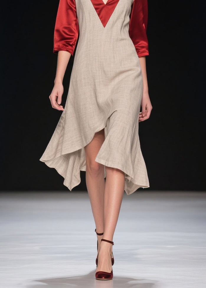New Colorblock Asymmetrical Design Patchwork Linen Silk Dress Summer