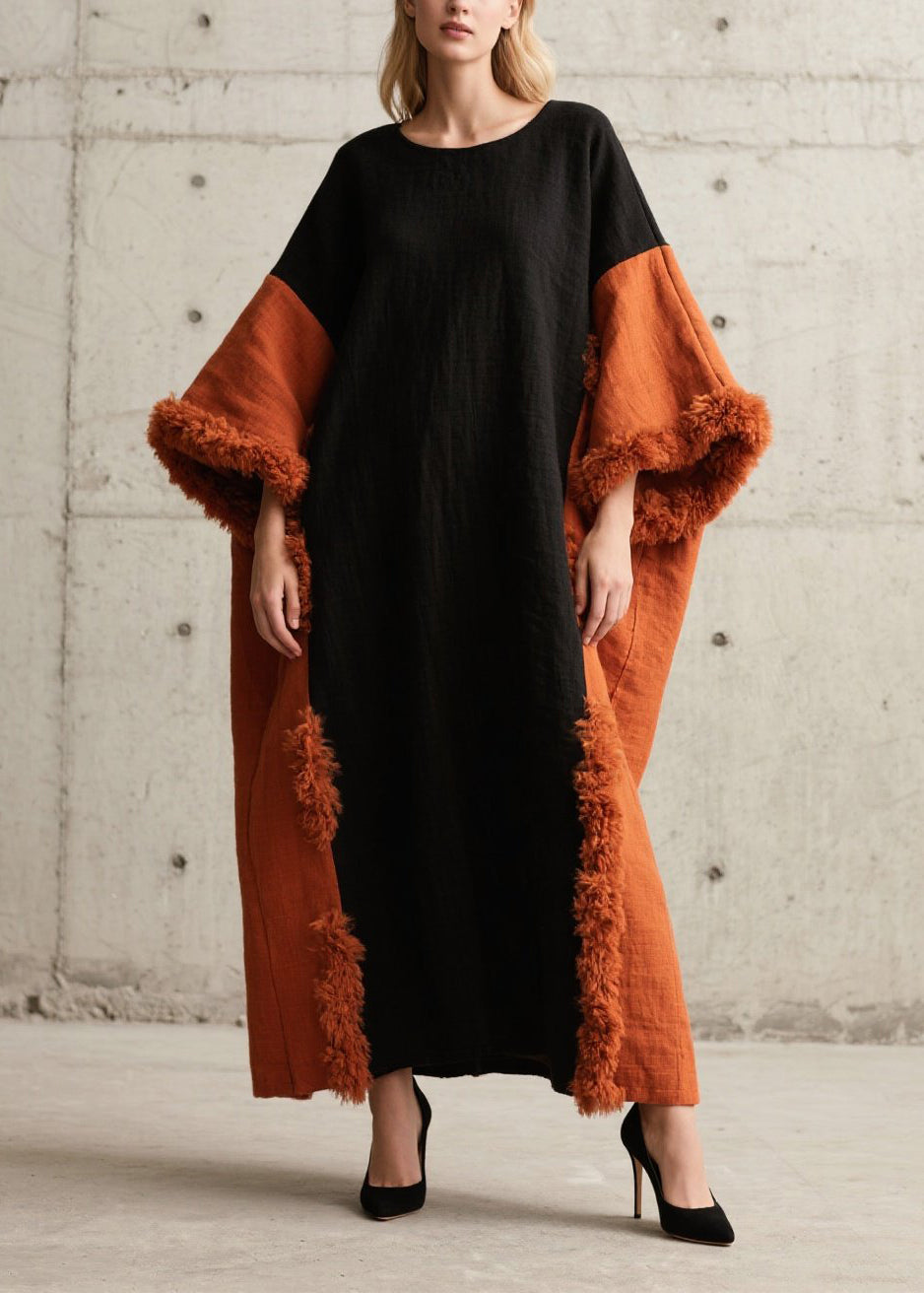 New Colorblock O Neck Fuzzy Fur Patchwork Cotton Long Dress Fall