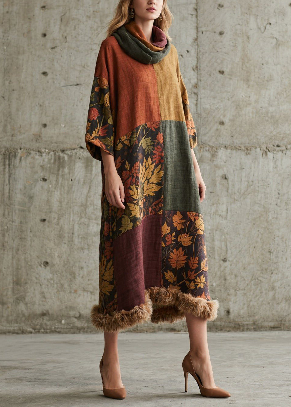 New Colorblock Print Fuzzy Fur Patchwork Cotton Long Dress Fall