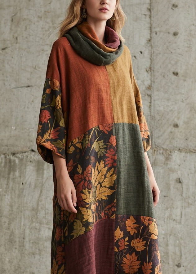 New Colorblock Print Fuzzy Fur Patchwork Cotton Long Dress Fall