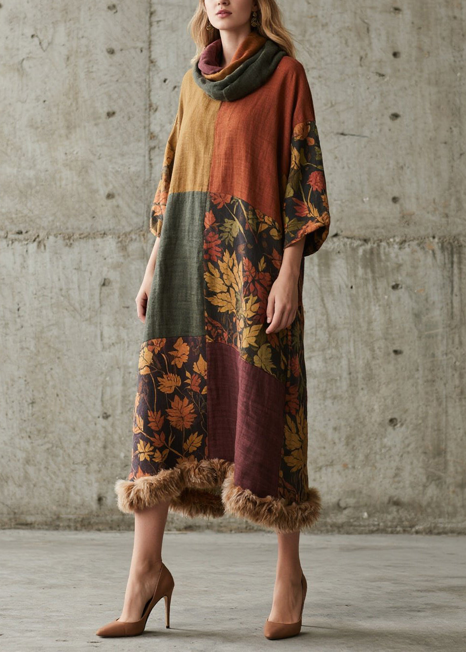 New Colorblock Print Fuzzy Fur Patchwork Cotton Long Dress Fall