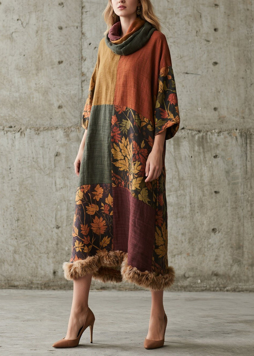 New Colorblock Print Fuzzy Fur Patchwork Cotton Long Dress Fall – Omychic