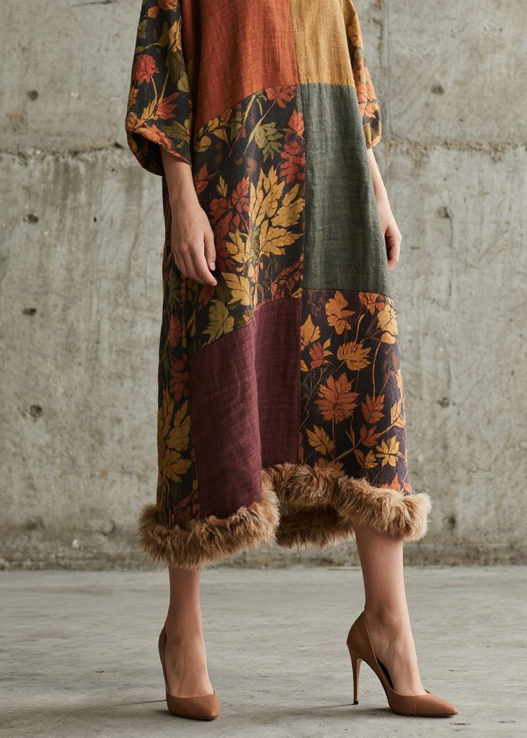 New Colorblock Print Fuzzy Fur Patchwork Cotton Long Dress Fall