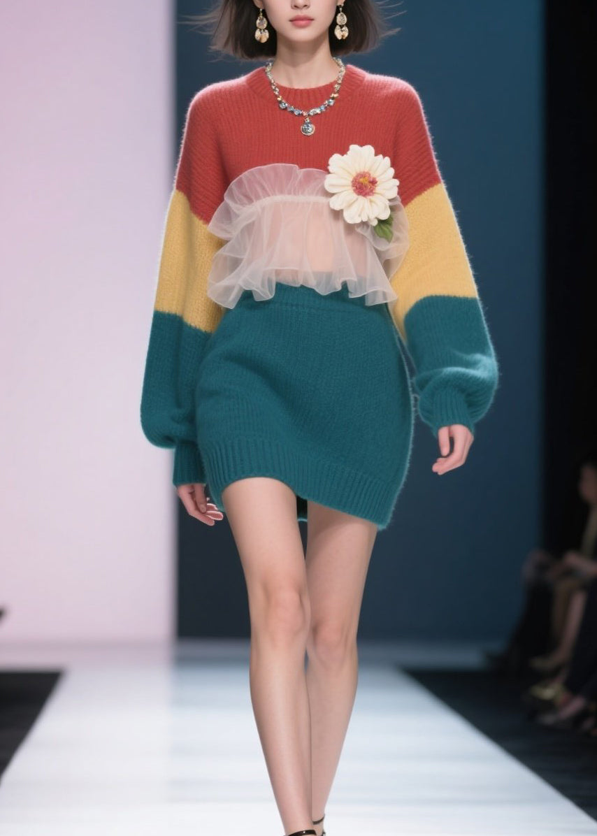 New Colorblock Tulle Ruffled Floral Knit Sweater Dress Winter