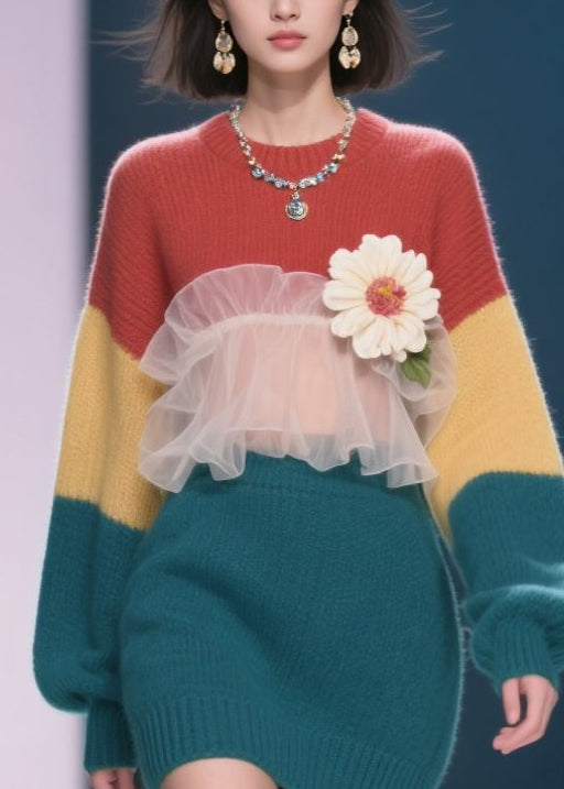 New Colorblock Tulle Ruffled Floral Knit Sweater Dress Winter