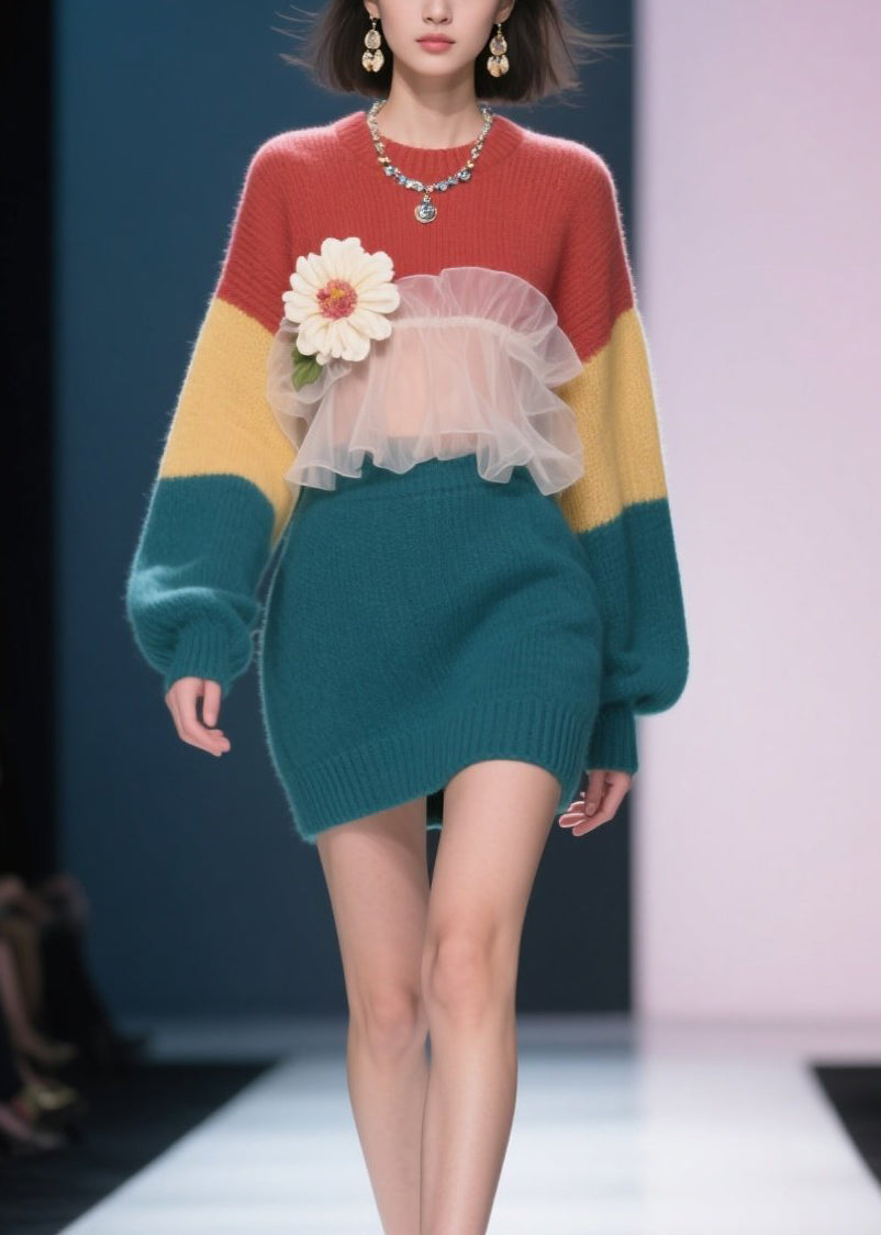 New Colorblock Tulle Ruffled Floral Knit Sweater Dress Winter