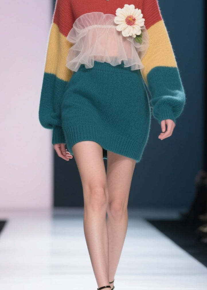 New Colorblock Tulle Ruffled Floral Knit Sweater Dress Winter