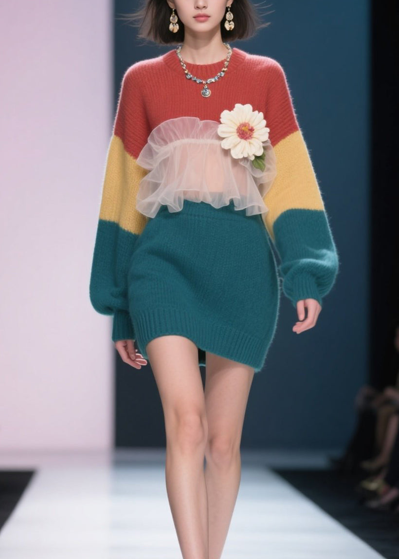 New Colorblock Tulle Ruffled Floral Knit Sweater Dress Winter