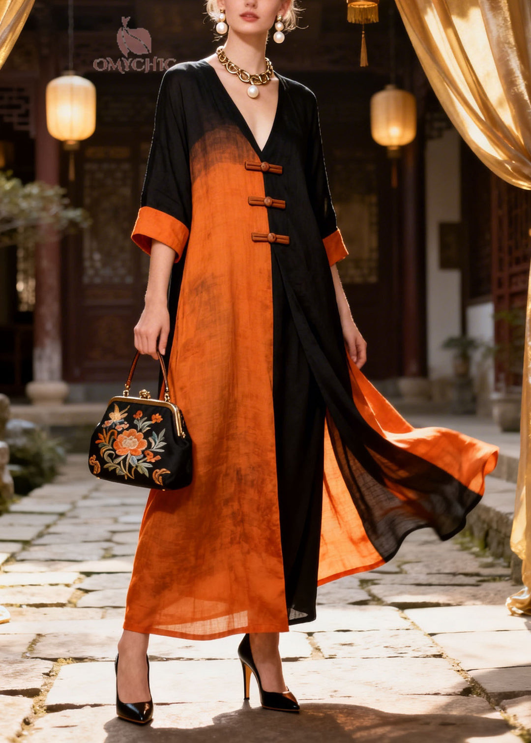 New Colorblock V Neck Oriental Button Patchwork Cotton Long Dresses Summer