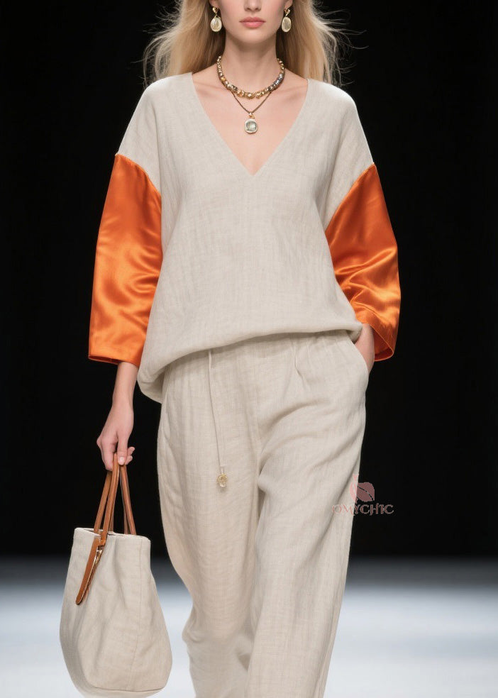 New Colorblock V Neck Patchwork Linen Silk Two-Piece Set Spring