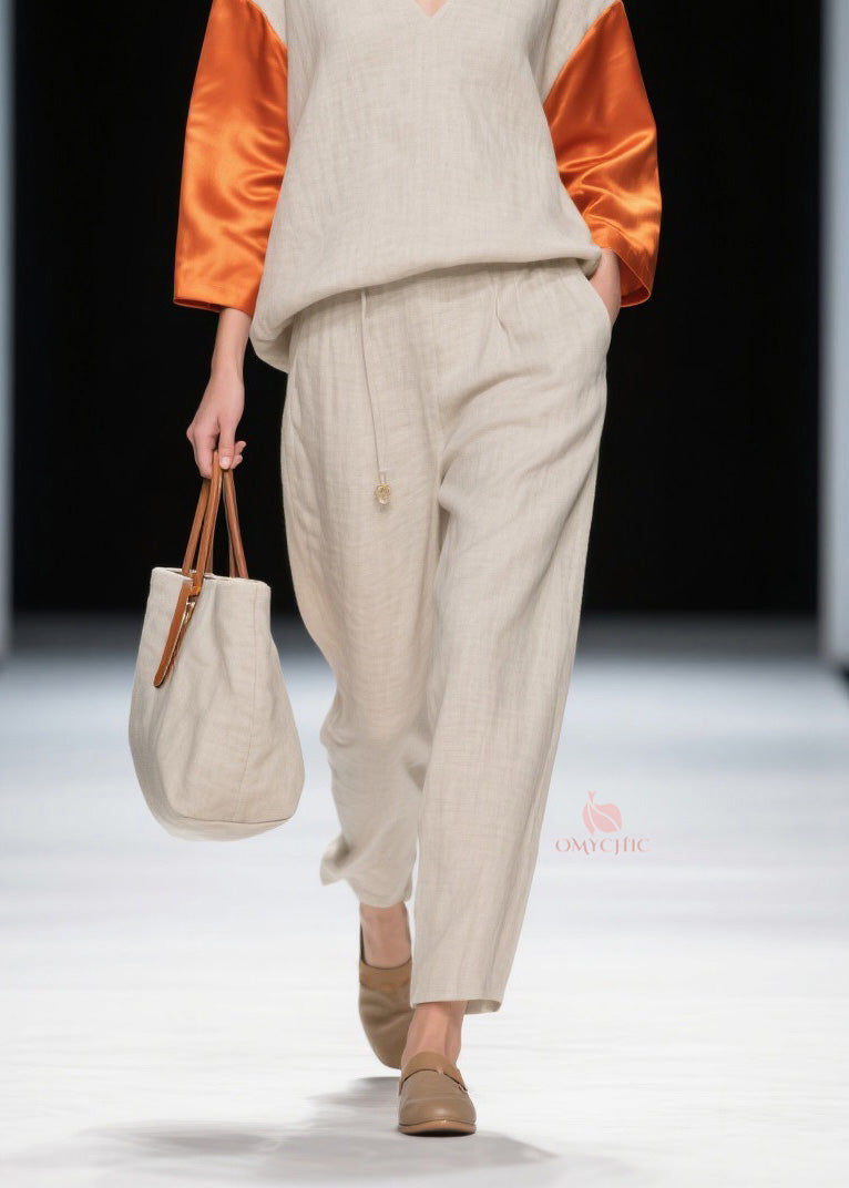 New Colorblock V Neck Patchwork Linen Silk Two-Piece Set Spring