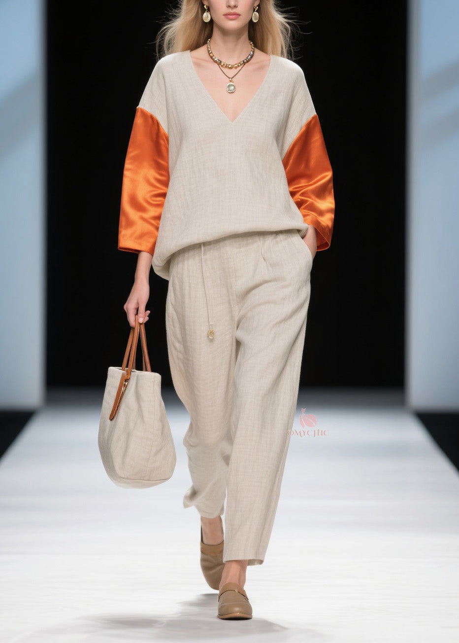 New Colorblock V Neck Patchwork Linen Silk Two-Piece Set Spring