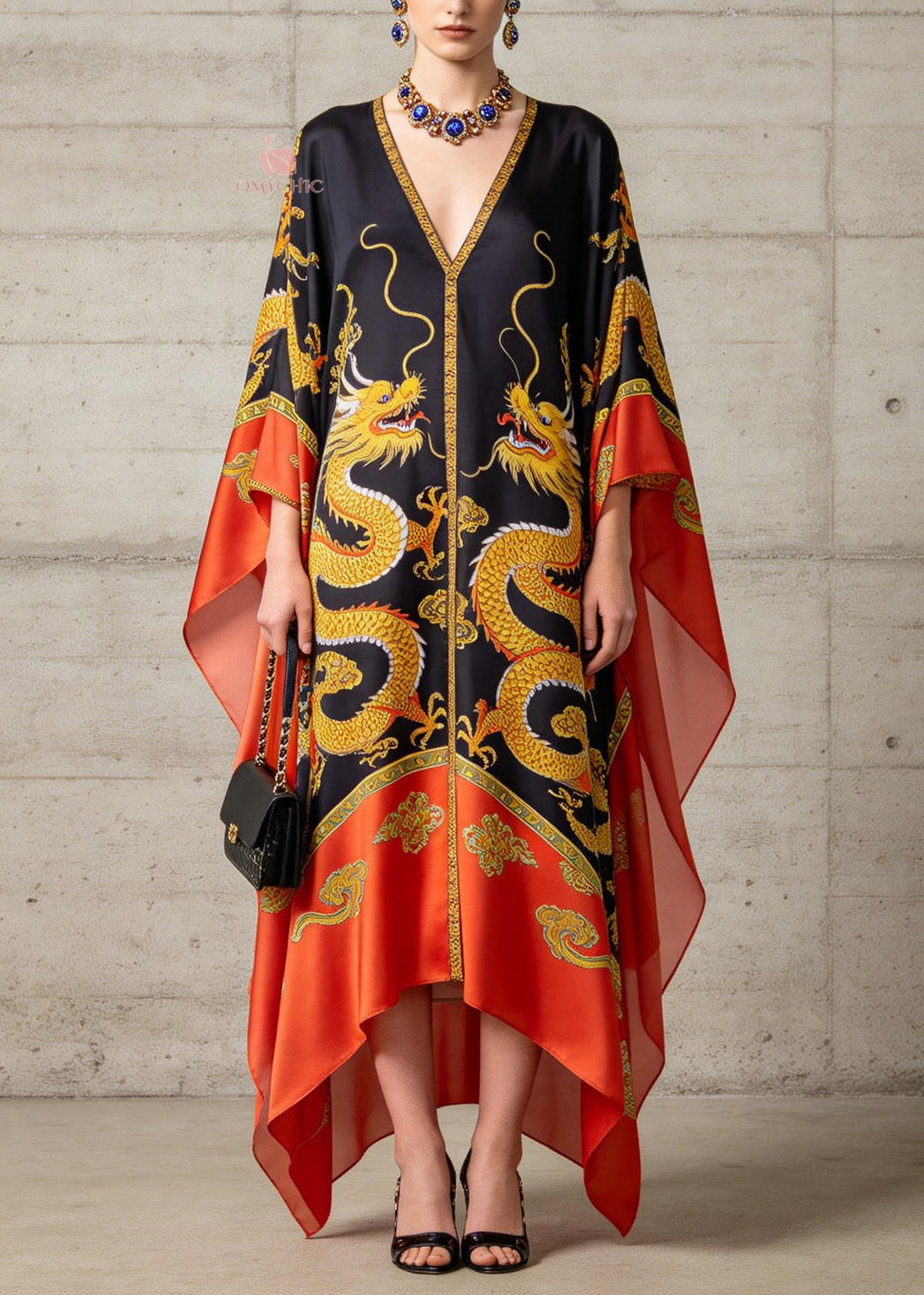 New Colorblock V Neck Print Chiffon Maxi Dress Batwing Sleeve